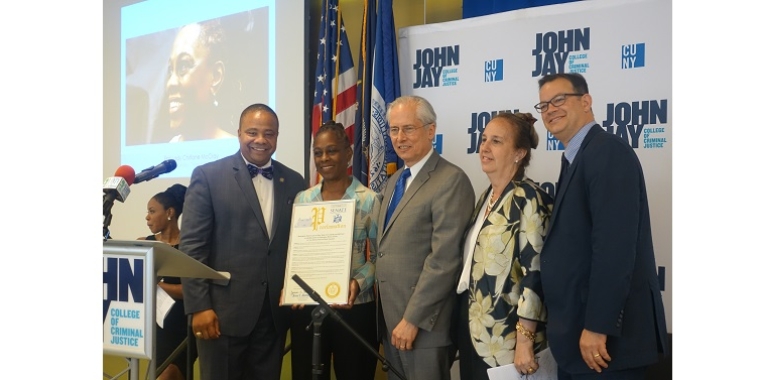 NYS Senator Jesse Hamilton, First Lady of NYC Chirlane McCray, President of John Jay College Jeremy Travis, Manhattan Borough President Gale Brewer, NYC Councilmember Andrew Cohen