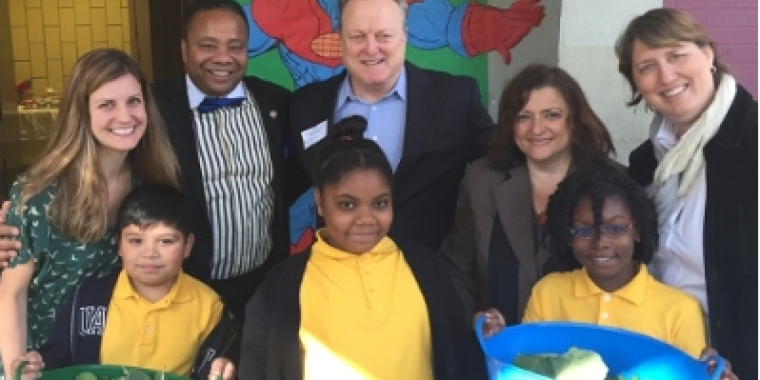 Senator Jesse Hamilton celebrates opening of new Learning Garden with colleagues, sponsors, educators, and students at PS 316 on October 21, 2015
