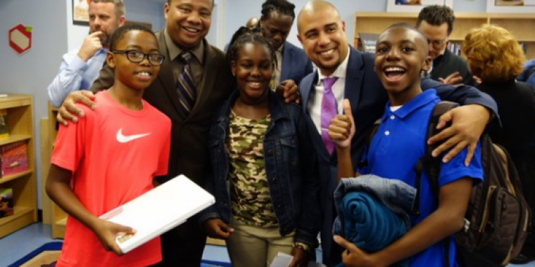 Senator Jesse Hamilton, PS/MS 282 Students, and Principal Hoke at Code Brooklyn Launch on November 2, 2015
