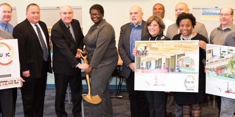 Pictured: State Senator Roxanne J. Persaud and Kingsborough President Farley Herzek “break ground” on new Student Union & Intercultural Center.
