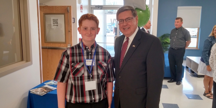 Senator Seward with Seven Valleys New Tech Academy ninth grader Mitchell Elston who served as a tour guide for the many guests in attendance at the grand opening of the school.