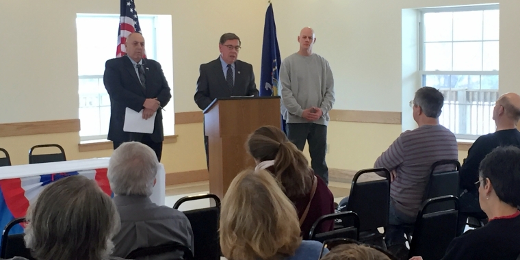 . From left, Town of German Flatts Supervisor Frank Spatto, Senator Seward, David Ferdula representing Guardians of Freedom Memorial Inc.