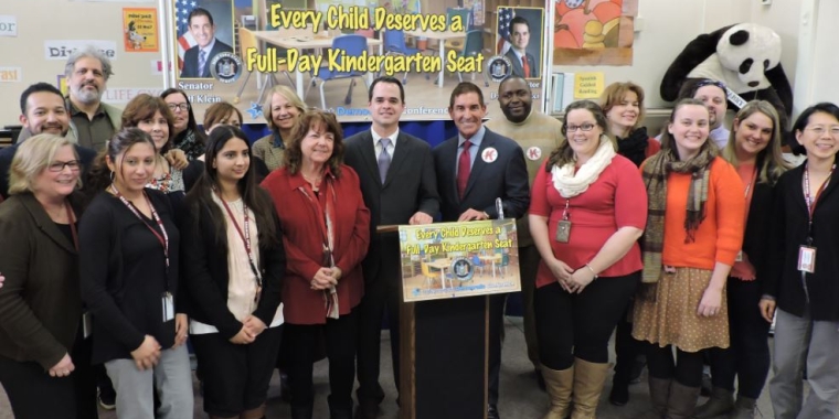 Photo: Senator Klein and Senator Carlucci join the teachers of Park Elementary School to call for the Kindergarten Conversion Fund to be signed into law