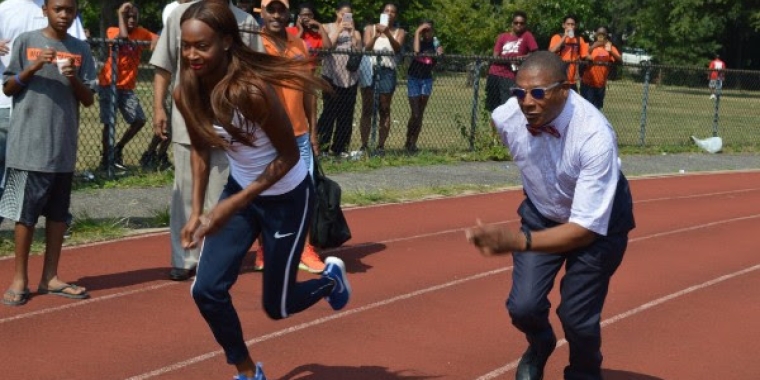 Sanders challenged Dalilah Muhammad to a race at Roy Wilkins Park, but lost.