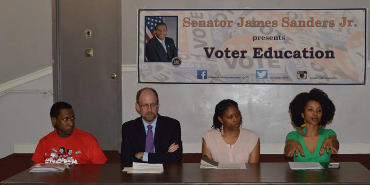 Panelists at the forum included: Michael Higgins Jr., Organizer for Families United for Racial and Economic Equality, left, Steven Romalewski, Director of CUNY Mapping Service, Carmen Dixon, Educator and Organizer for Black Lives Matter (NYC Chapter) and Lurie Daniel Favors, General Counsel at Center for Law and Social Justice.