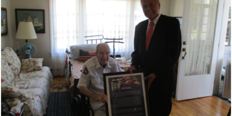 Senator Bonacic presented Walter Hughes with a ceremonial plaque from the Senate Veterans Hall of Fame Ceremony earlier this year.