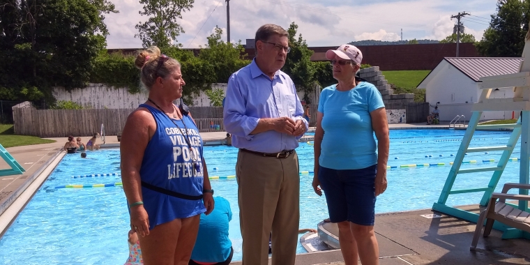 Senator James L. Seward announces a $100,000 state grant to help fund repairs at the Cobleskill Village Pool in Iorio Park. From left, Pool Manager Julie Mullaney, Senator Seward, Mayor Linda Holmes.