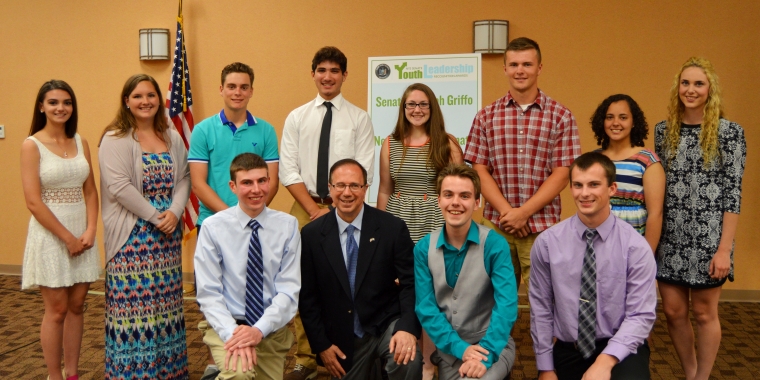 NEW HARTFORD – State Senator Joseph Griffo presented high school junior and senior students from Oneida, Lewis and St. Lawrence counties with the New York State Senate Youth Leadership Recognition Award to honor their academic achievements and community work during a ceremony Tuesday, May 31, 2016, at Oneida-Herkimer-Madison BOCES. Pictured in the photo, front row from left: Cornelius Deep, Senator Joseph Griffo, Noah Ramer, and Ryan Backer; Back row from left: Brianna Fuccillo, Kyra Milgate, Cooper Humpf, Deven Desai, Sarah Scouten, Connor Hamilton, Andrea Travis-Millet, and Therese Pitman.
